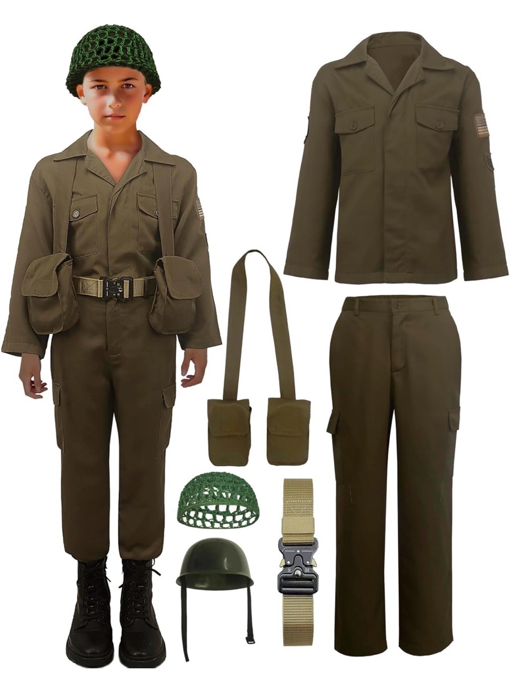 NWT WWII Army Soldier Costume Kids Military  with Helmet Belt